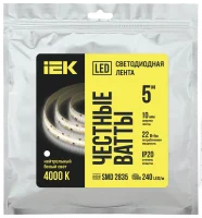 Лента светодиодная 5м SMD2835 240LED/м 22Вт/м IP20 ширина 10мм 24В нейтральный белый IEK
