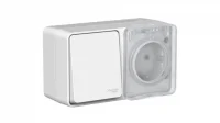 AtlasDesign PROFI IP54 блок открытого монтажа: розетка с заземлением со шторками 16А, выключатель 1-клав.10А, серый