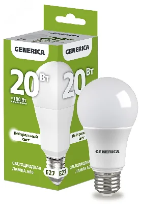 Лампа светодиодная A60 груша 20Вт 230В 4000К E27 GENERICA